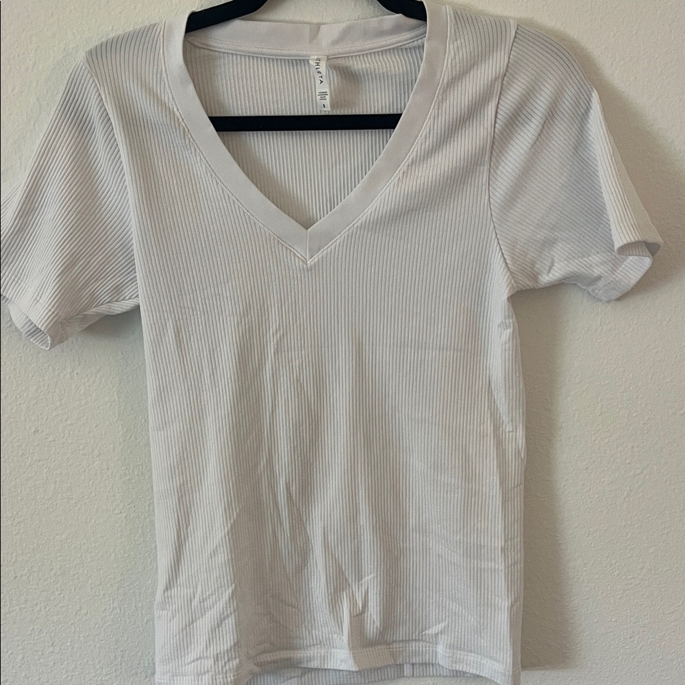 Athleta White Ribbed V-Neck Short Sleeve Tee Sz S